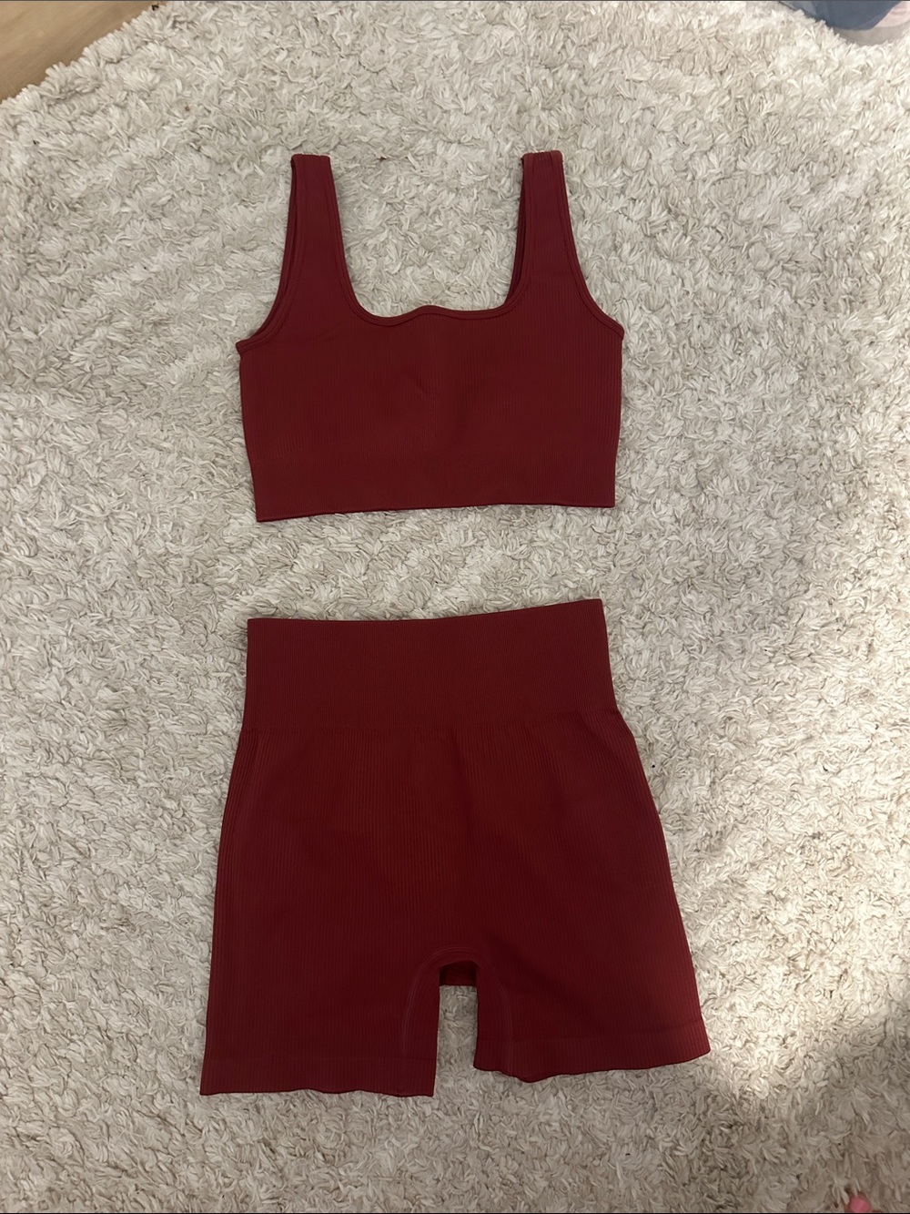 Ribbed Scoop Neck Crop Top & High-Waist Biker Short Set - Deep Wine